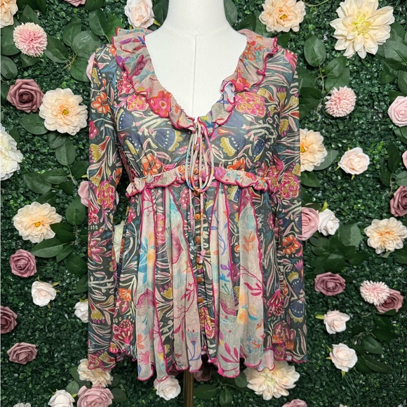 NATURAL LIFE Multicolor Floral Ruffle Tie-Front Tunic - Picture 2 of 11